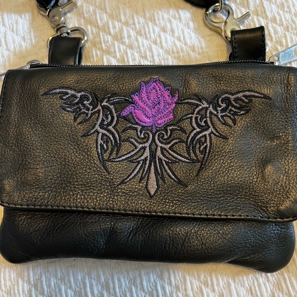 Small leather purse with purple flower. Great for Fanny pack.